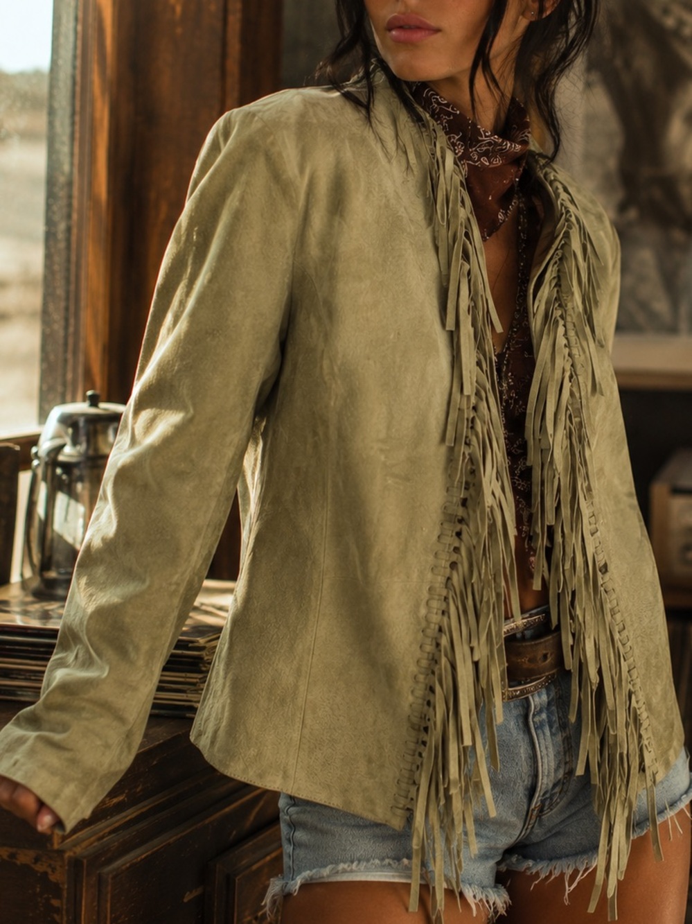 Dialogue Olive Green Suede Leather Fringe Western Boho Open Front Jacket